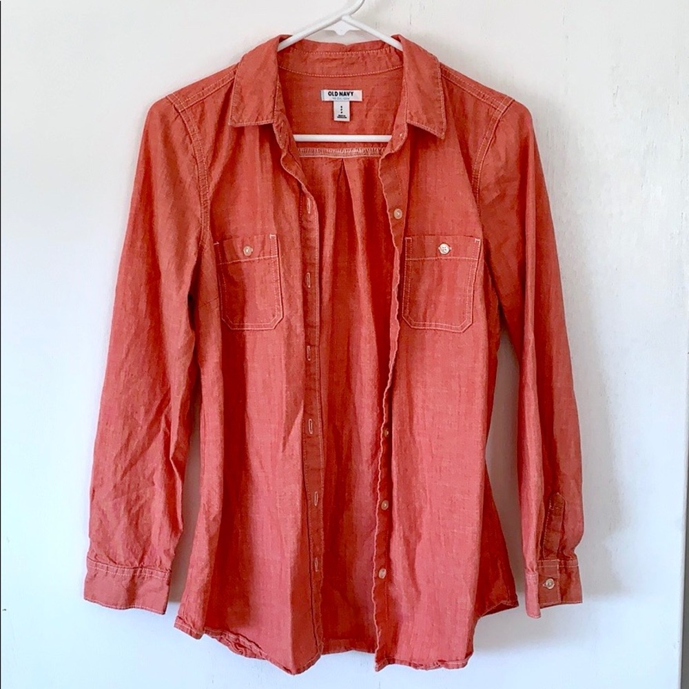 Old Navy red denim style button down shirt